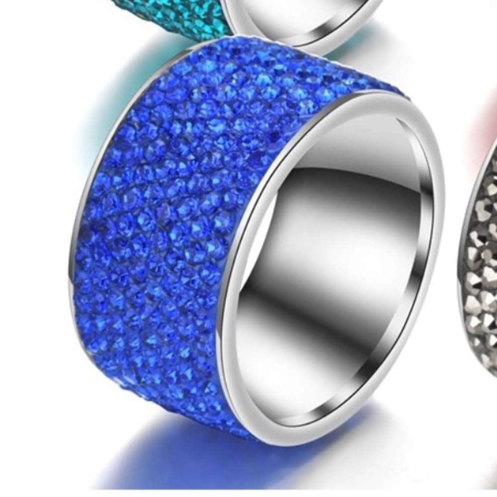 Stainless Steel Blue CZ Crystal Ring NEW